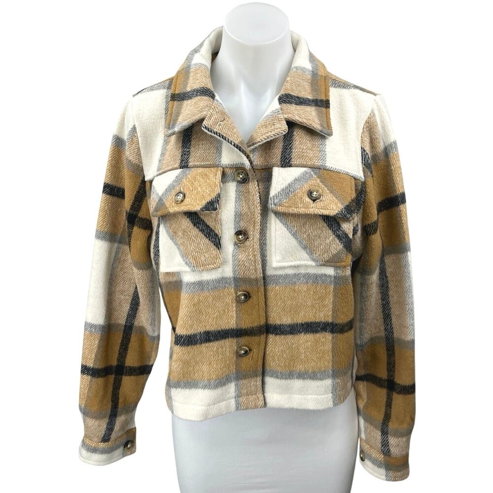 Mi Ami Brown White Plaid Check Flannel Long Sleeve Button Collar Shirt Jacket M